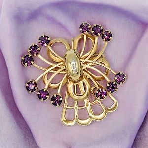 Vintage Purple Bouquet Brooch 10k GP Floral Spray Bow Spring Estate Jewelry Pin